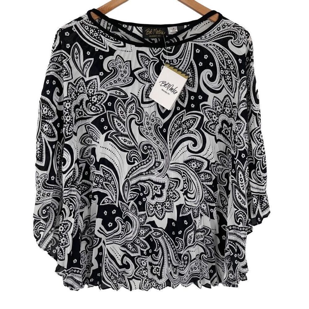 Bob Mackie Wearable Art Paisley Pleated Caftan Top Women‎ Small Black White NWT